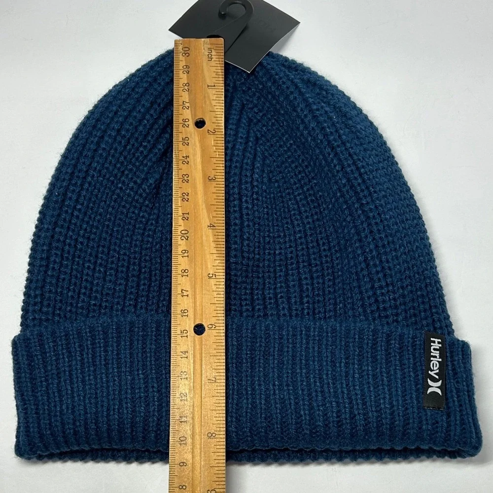 Hurley‎ Mens Max Cuff 2.0 Beanie Blue Ribbed Knit Cuffed Hat Winter Tossle Cap